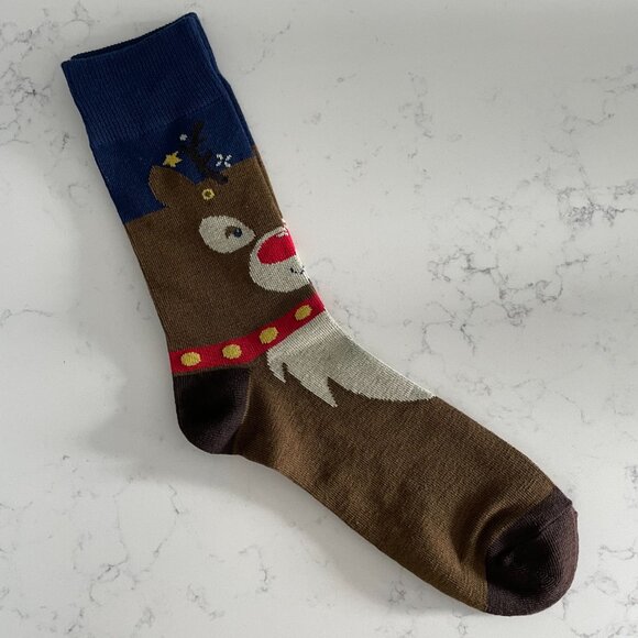 Off Duty Rudolph Festive Novelty Crew Socks Brown Navy Cream Red Yellow OS NWOT - Picture 7 of 7